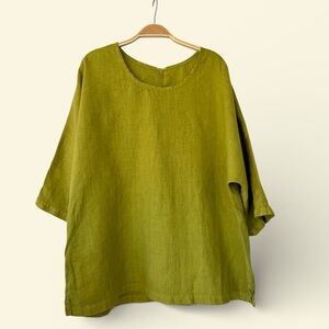 Cotton Basics Green 100% Linen Tunic Top OS Boxy Loose Fit 3/4 Sleeves EUC